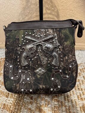Brown Camo Crossbody Messenger Bag with Revolver Accent